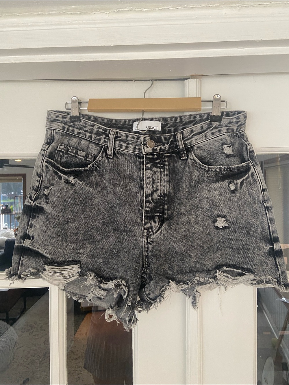 Ververt High-Rise Distressed Jean Shorts - Black Acid Wash
